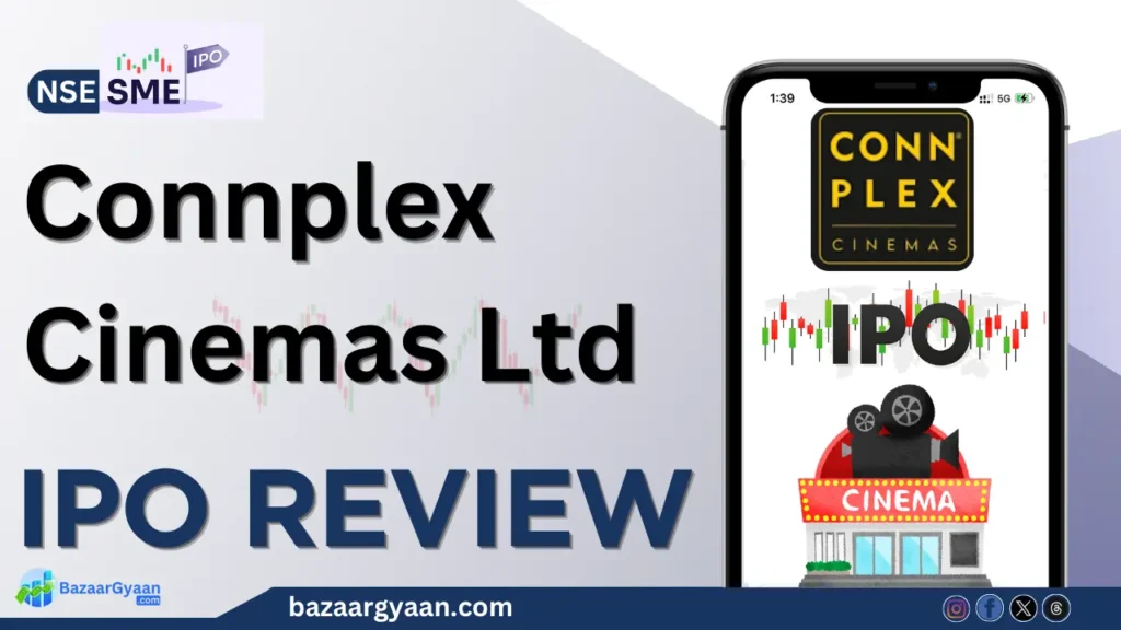 Connplex Cinemas IPO announcement with company logo and stock market graphics
